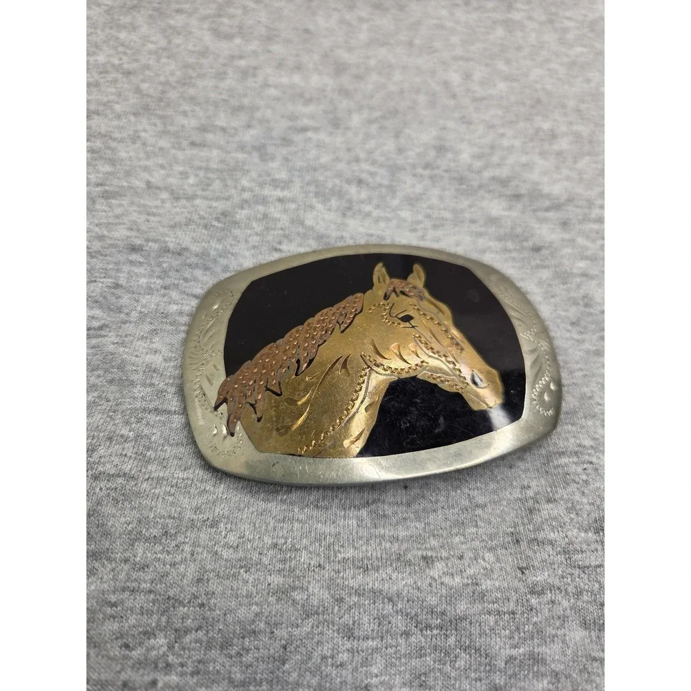 Vintage German Silver Black Enamel Brass Inlay Stallion Horse Belt Buckle